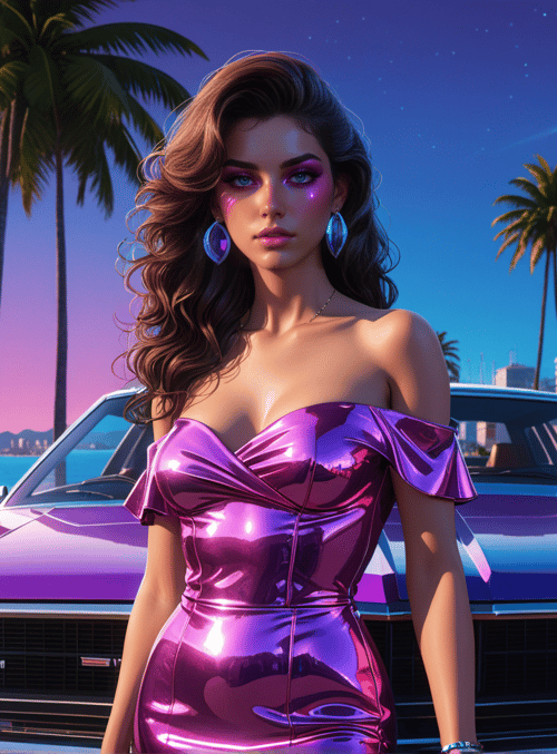 woman, car, palm tree