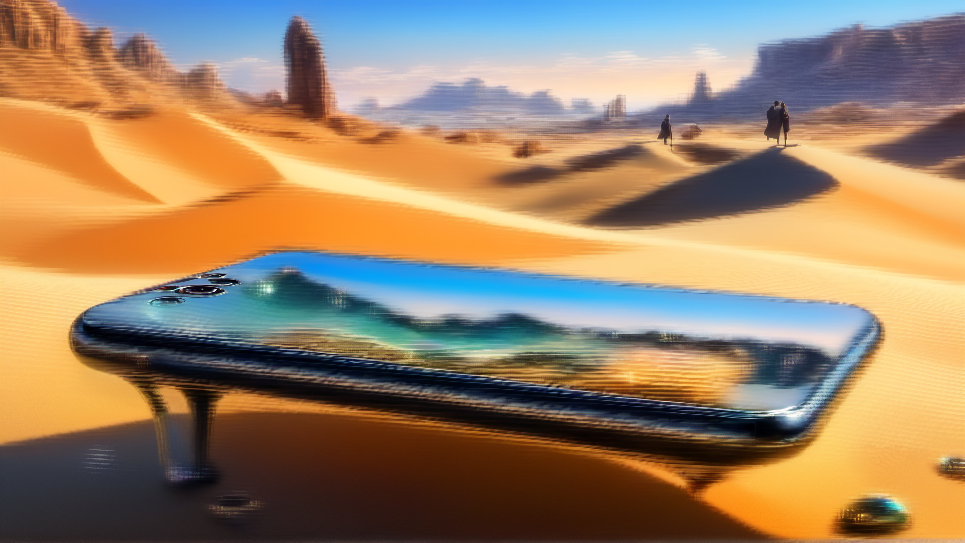 AI generated wallpaper featuring smartphone, desert, people