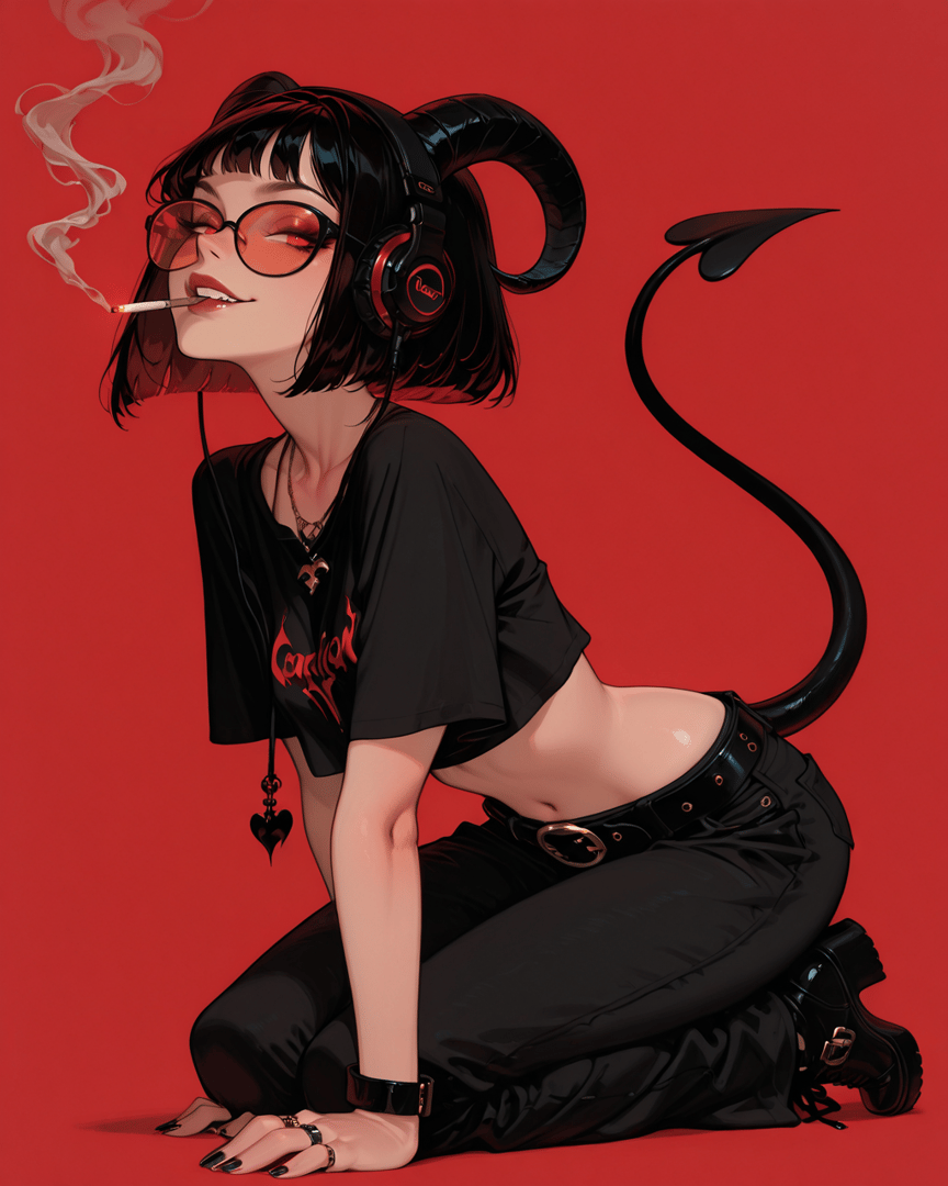 AI generated wallpaper featuring girl, devil, cigarette, headphones, glasses, tail, tshirt, pants, belt, shoes