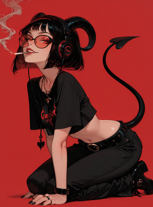 girl, devil, cigarette, headphones, glasses, tail, tshirt, pants, belt, shoes