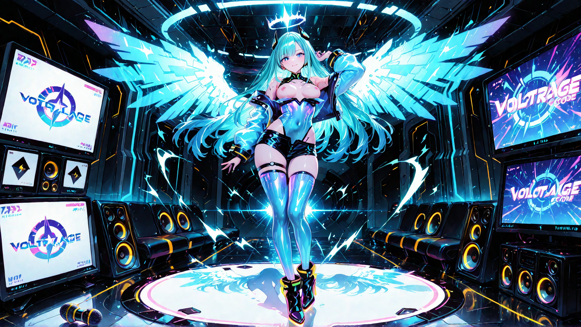 AI generated wallpaper featuring anime girl, angel wings, cyberpunk