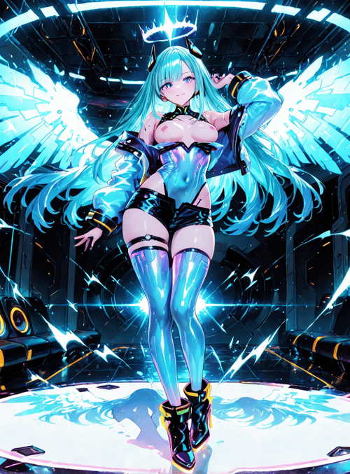 anime girl, angel wings, cyberpunk