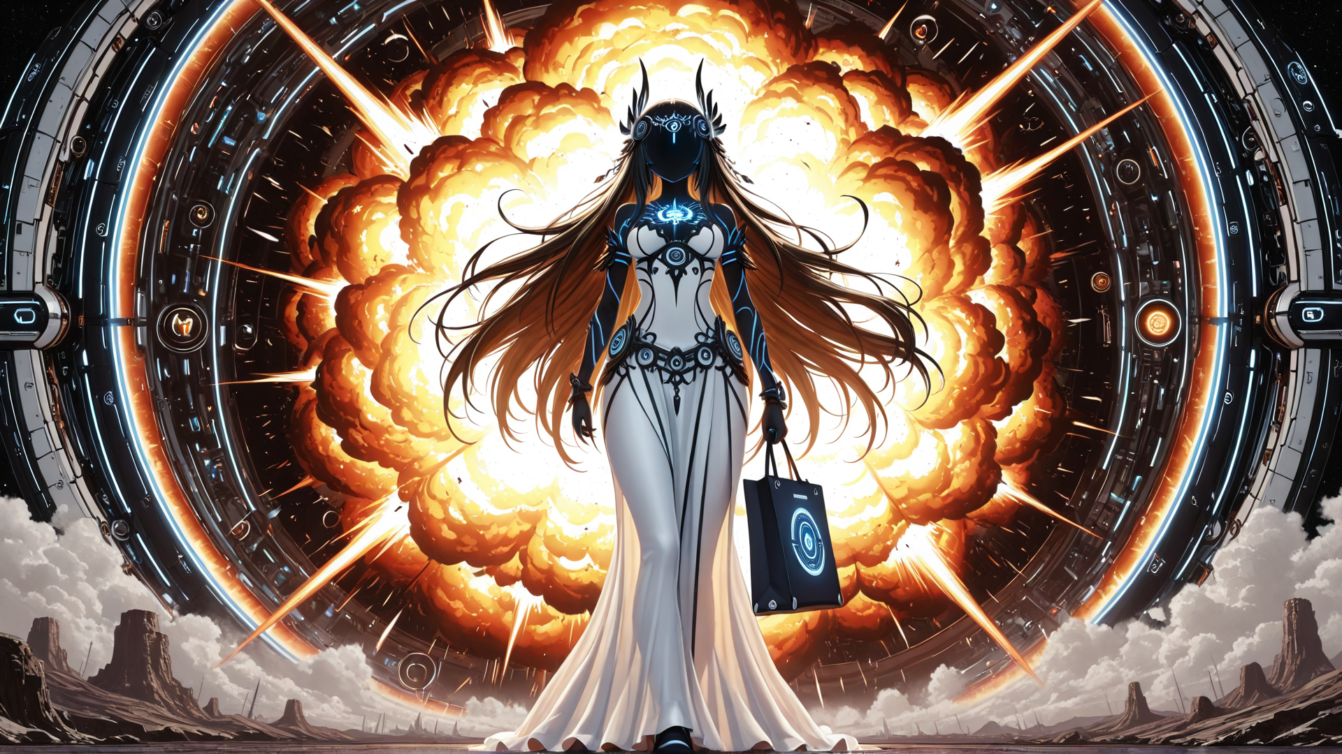 AI generated wallpaper featuring cybernetic, woman, explosion, portal, gown, shopping bag