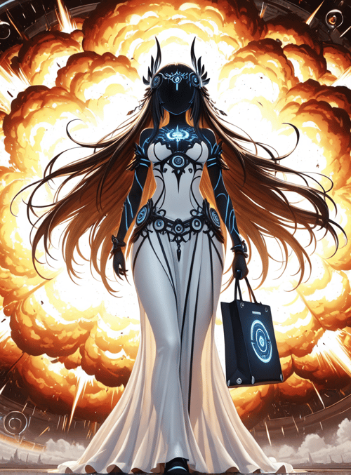 cybernetic, woman, explosion, portal, gown, shopping bag