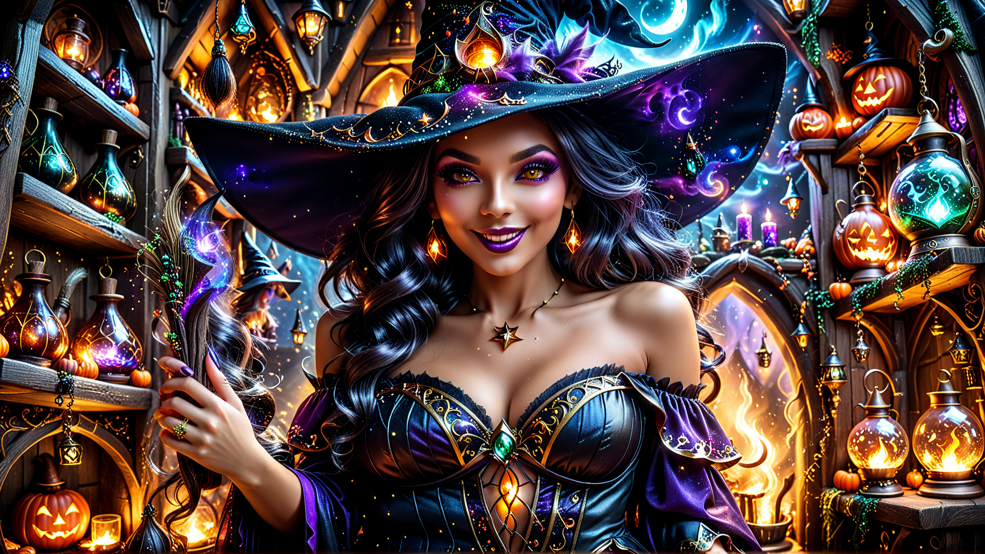 AI generated wallpaper featuring witch, cauldron, pumpkin, lantern, bottle, wand, hat, candle, door, mirror