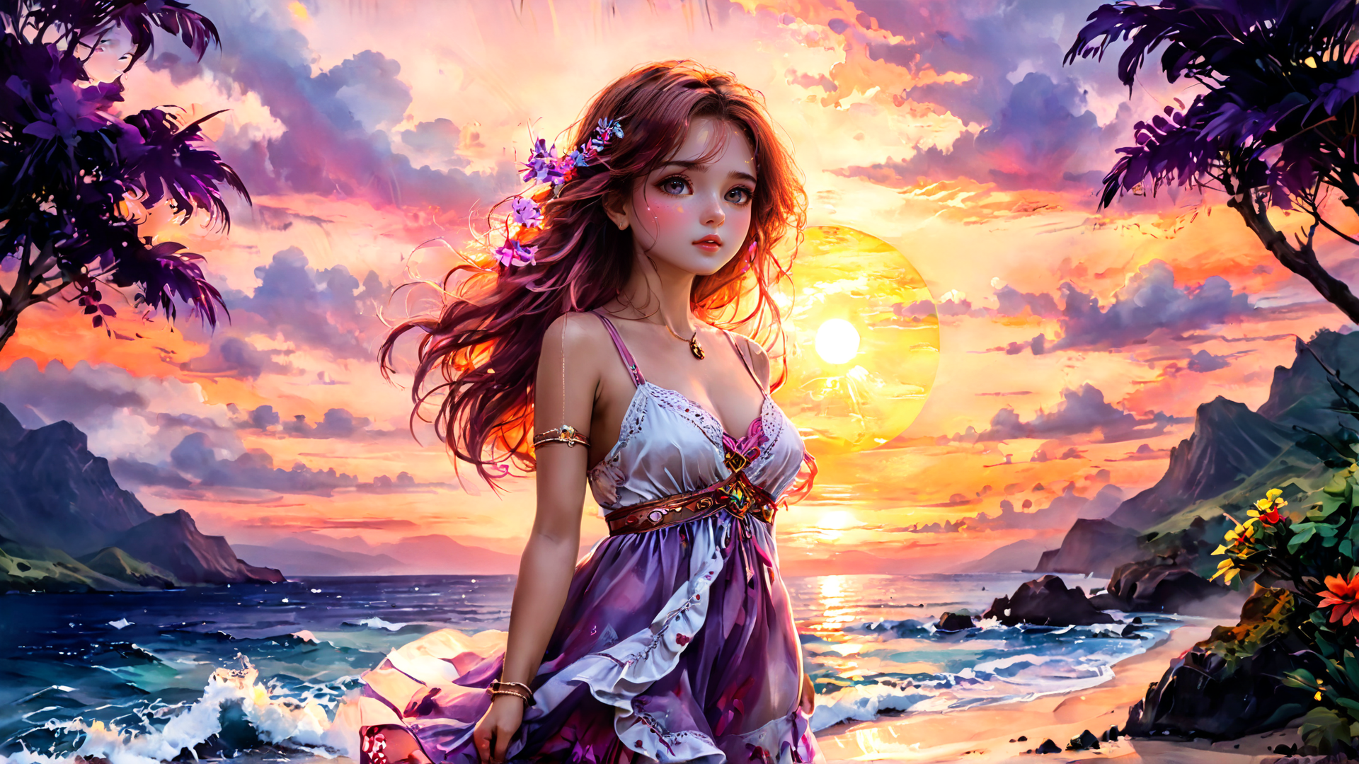 AI generated wallpaper featuring woman, beach, sunset