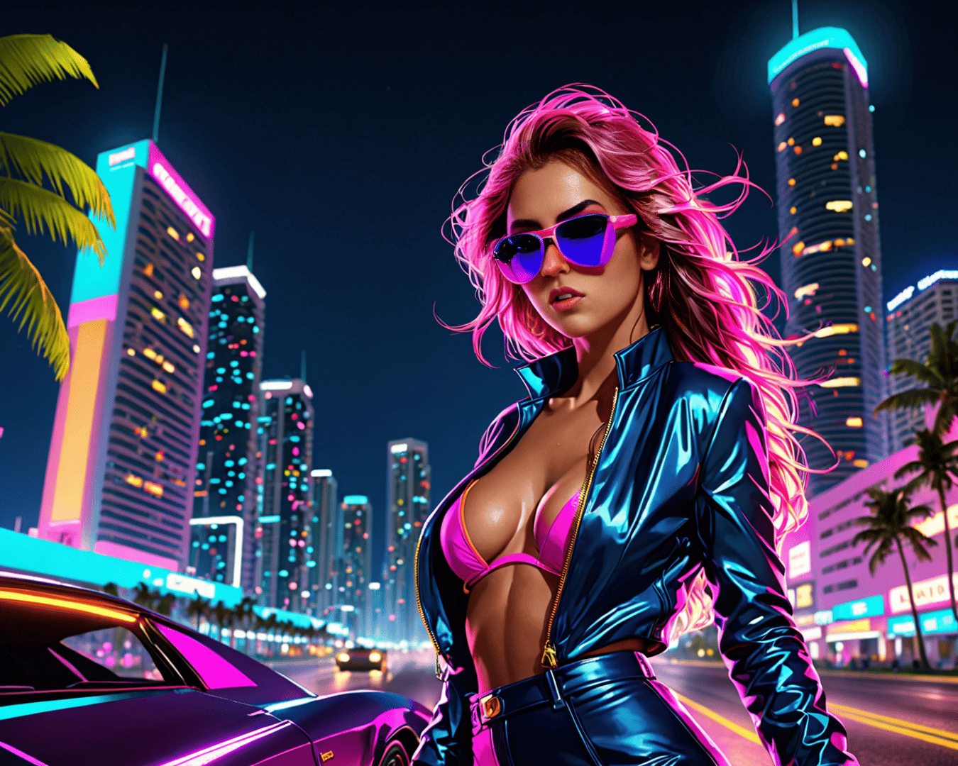 AI generated wallpaper featuring woman, car, city