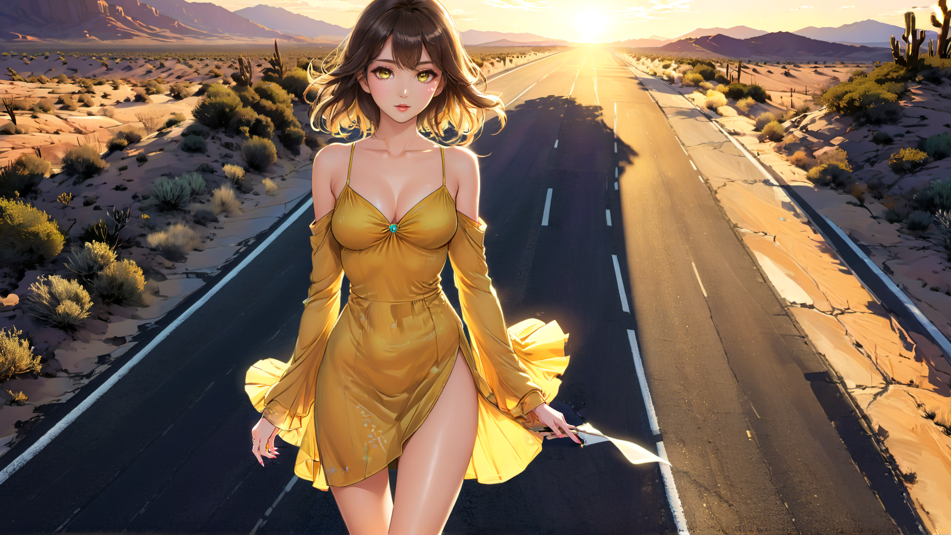 AI generated wallpaper featuring woman, road, desert