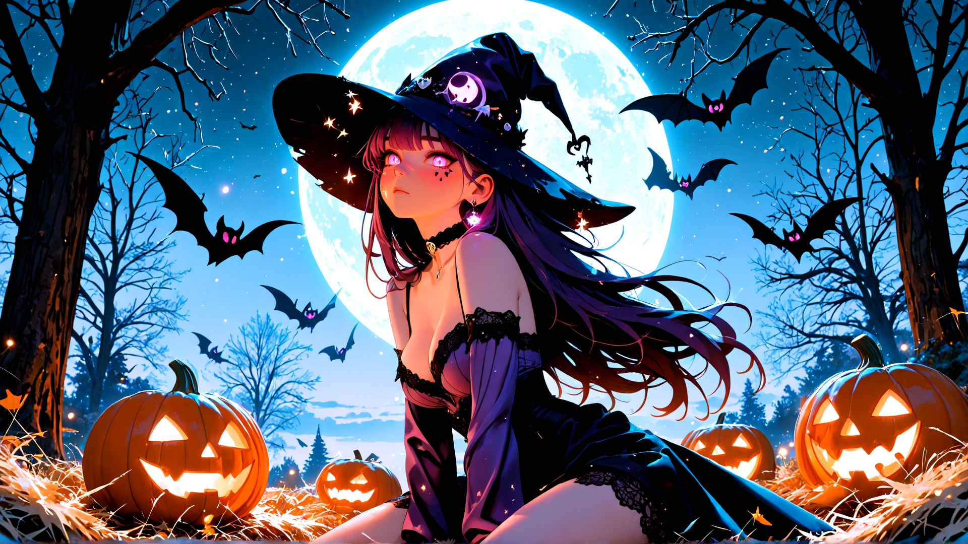 AI generated wallpaper featuring witch, pumpkin, bat, tree, moon