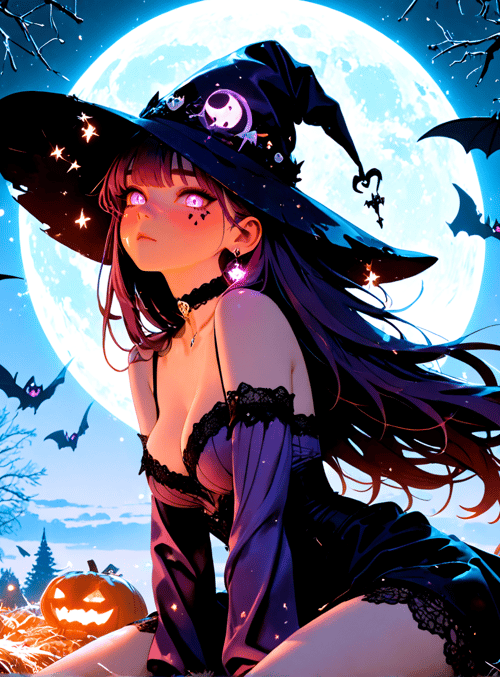 witch, pumpkin, bat, tree, moon