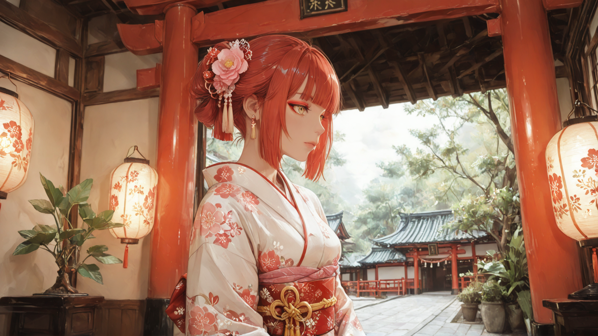 AI generated wallpaper featuring woman, kimono, lantern, building, flower, tree, sash, lantern, bush, garden