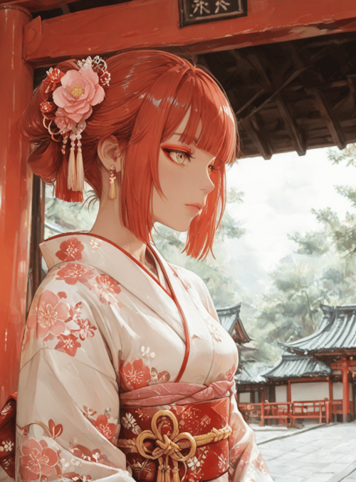 woman, kimono, lantern, building, flower, tree, sash, lantern, bush, garden
