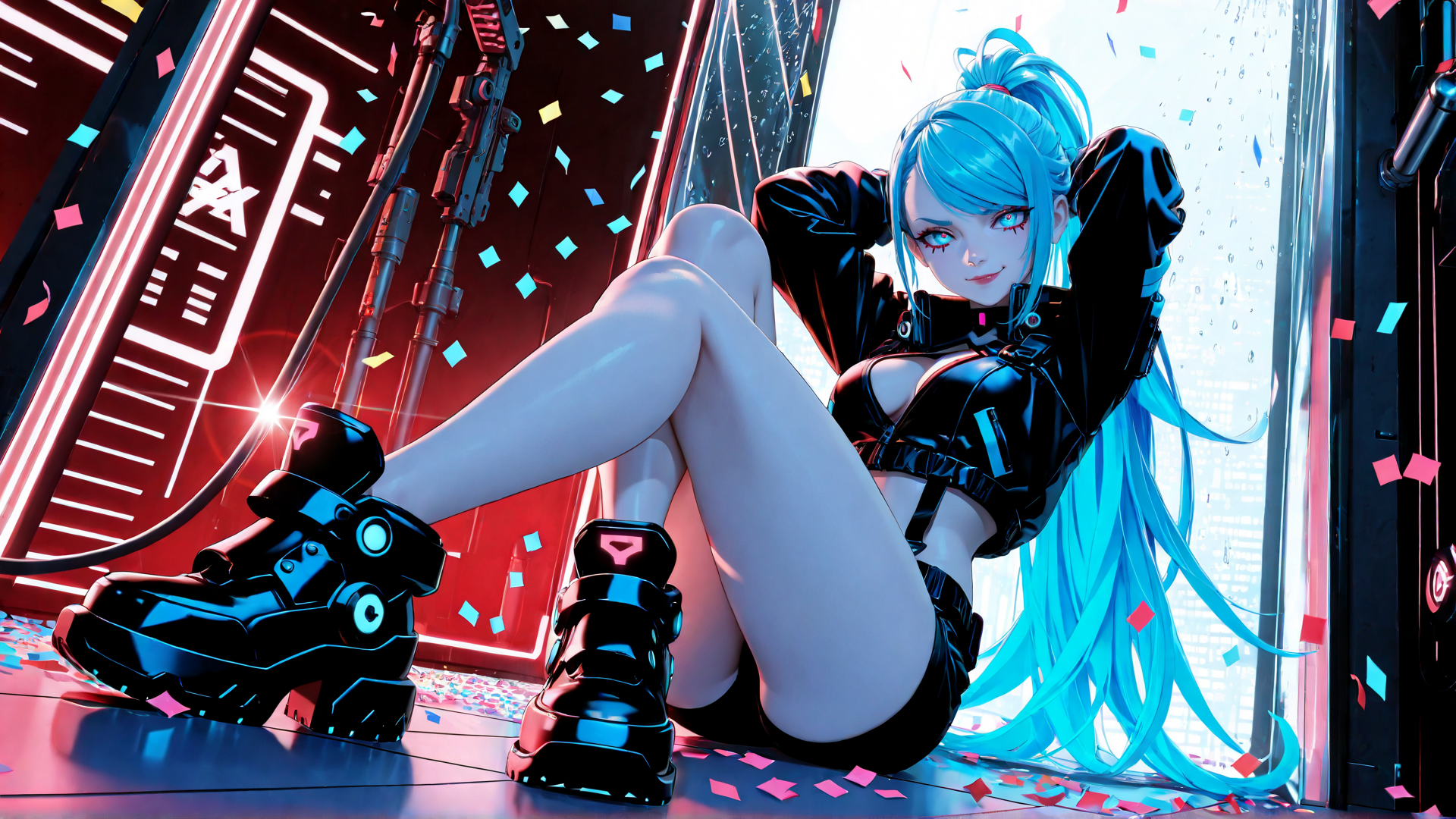 AI generated wallpaper featuring cyberpunk, anime girl, confetti, neon, robotic boots, blue hair