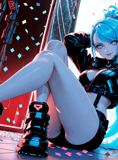 cyberpunk, anime girl, confetti, neon, robotic boots, blue hair