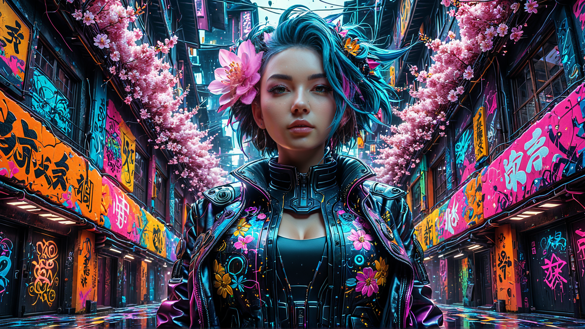 AI generated wallpaper featuring girl, neon, cherry blossom