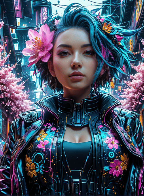 girl, neon, cherry blossom