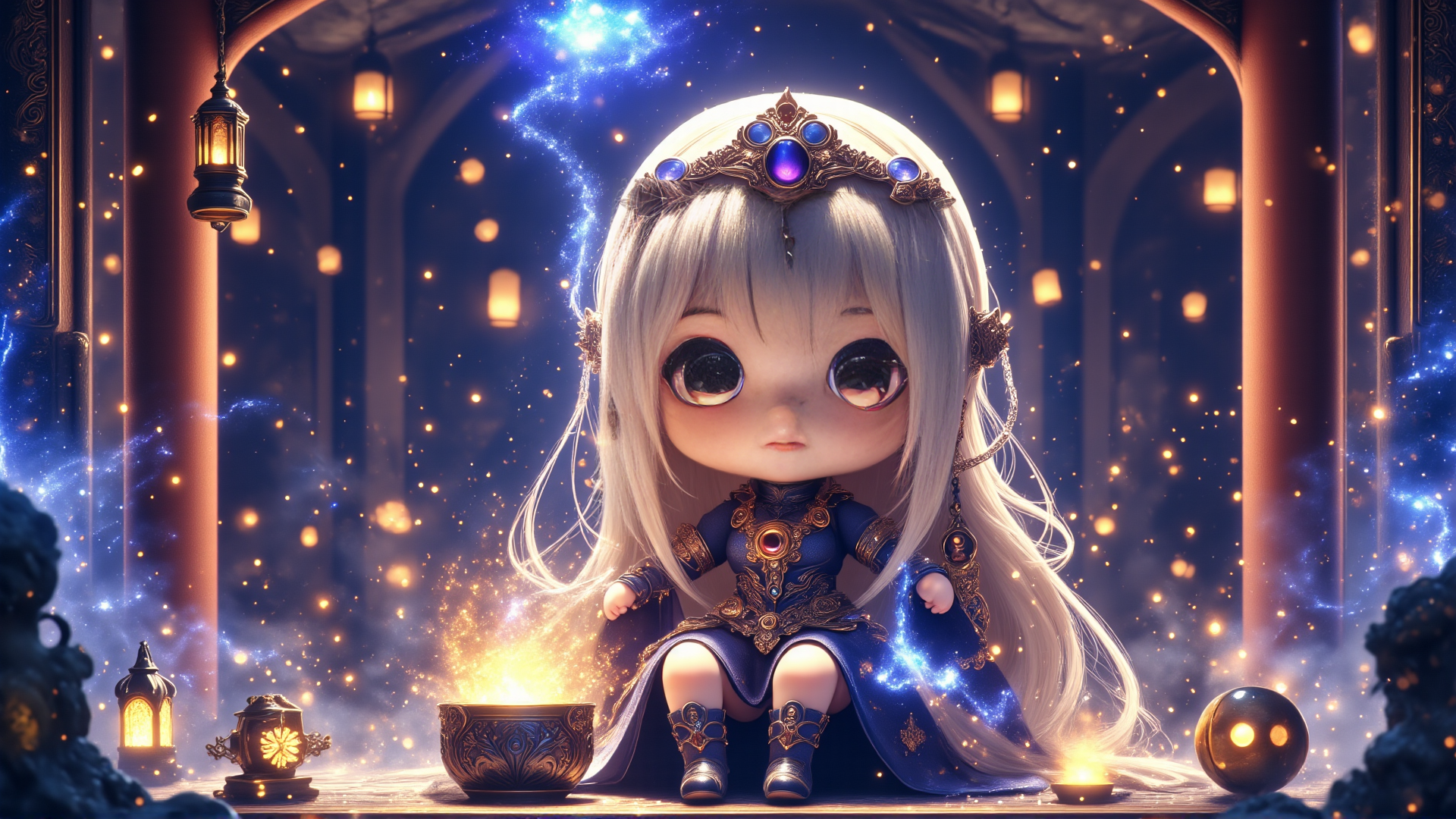 AI generated wallpaper featuring doll, wizard, lantern