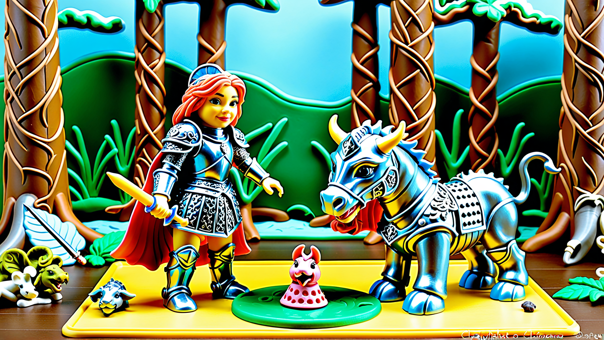 AI generated wallpaper featuring knight, bull, toy, figurine, forest, animal, armor, sword, candy, castle