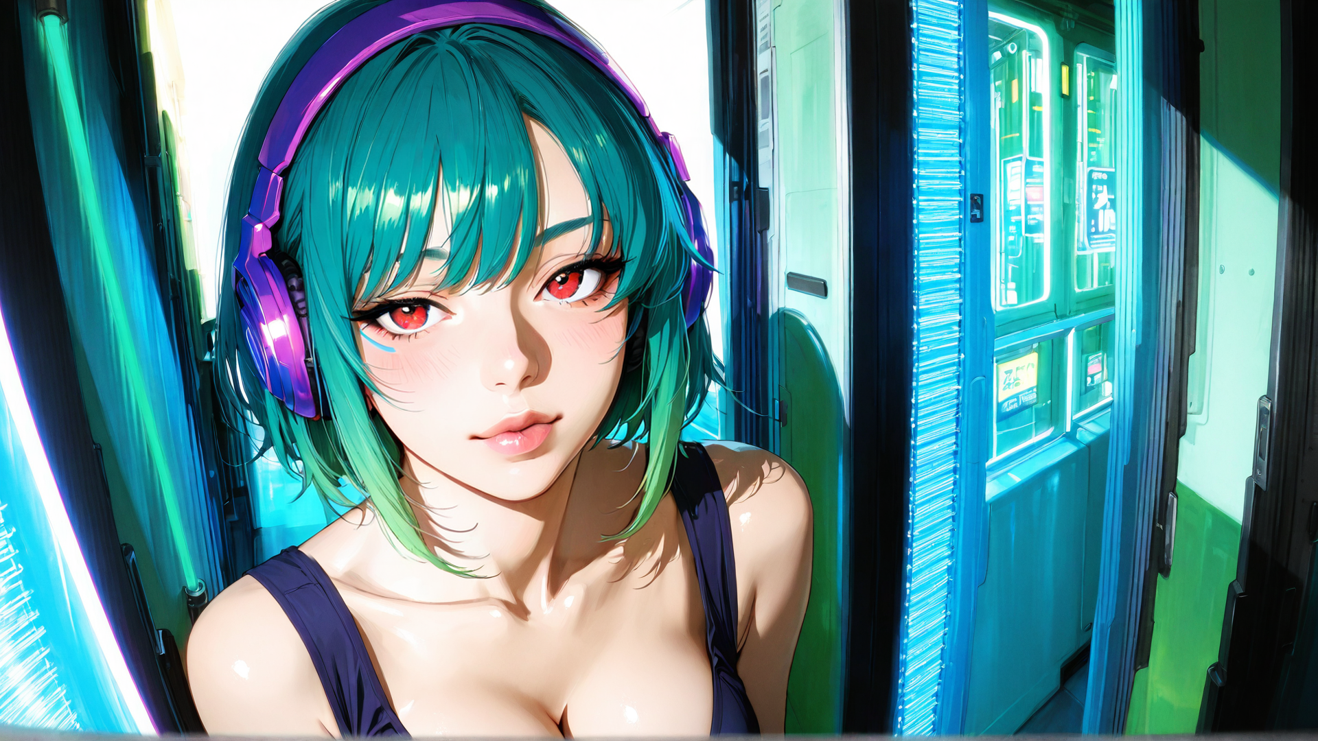 AI generated wallpaper featuring girl, headphones, neon, futuristic, anime