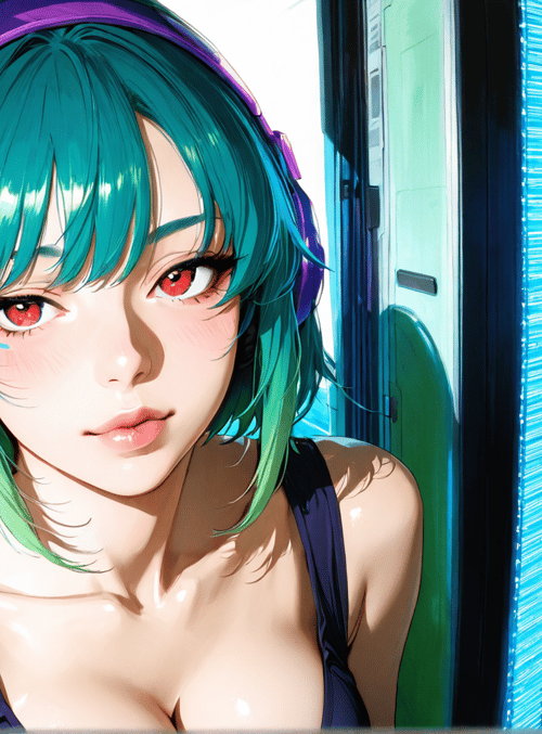 girl, headphones, neon, futuristic, anime