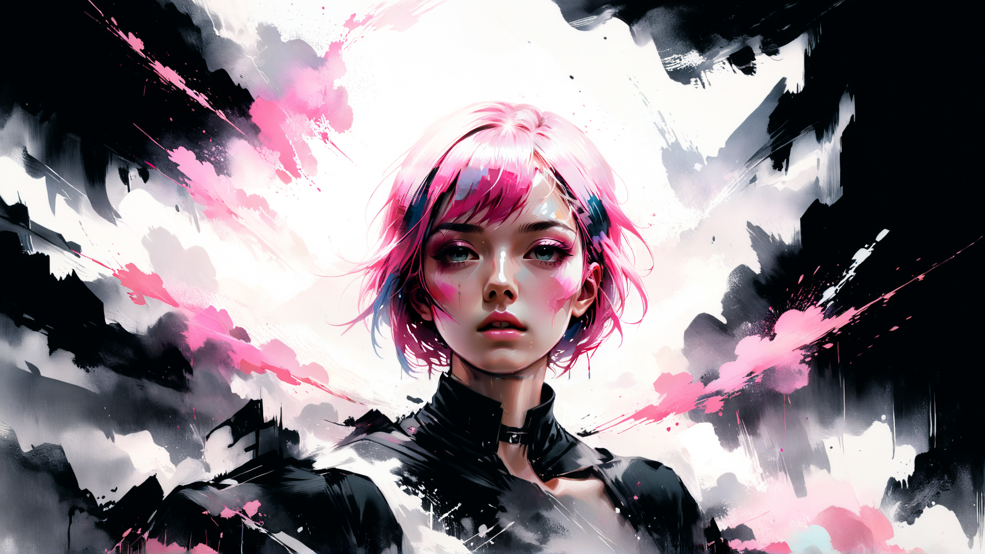 AI generated wallpaper featuring girl, pink hair, black outfit, choker