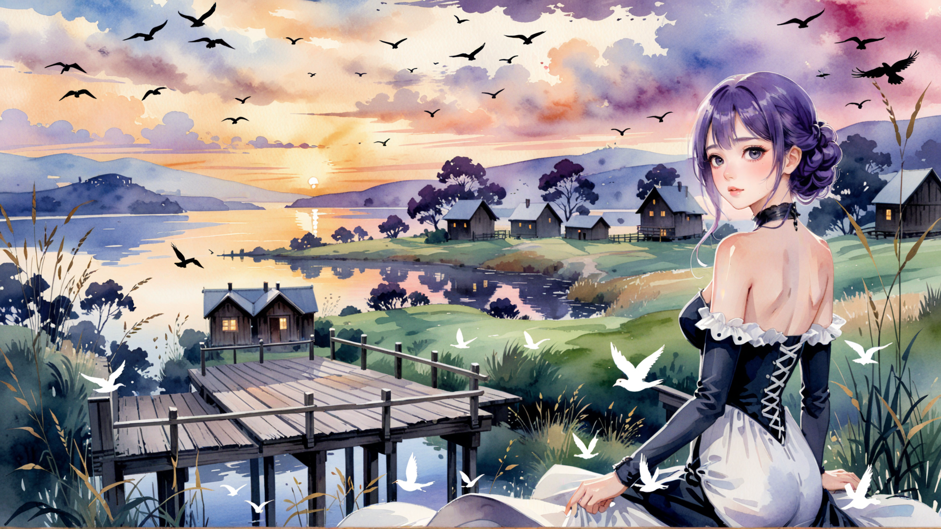AI generated wallpaper featuring girl, birds, houses, lake, sun, trees, grass, bridge, sky, clouds