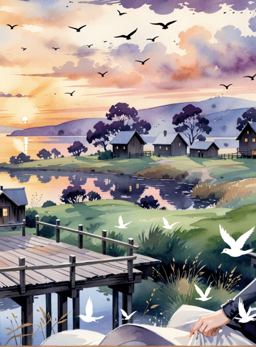 girl, birds, houses, lake, sun, trees, grass, bridge, sky, clouds
