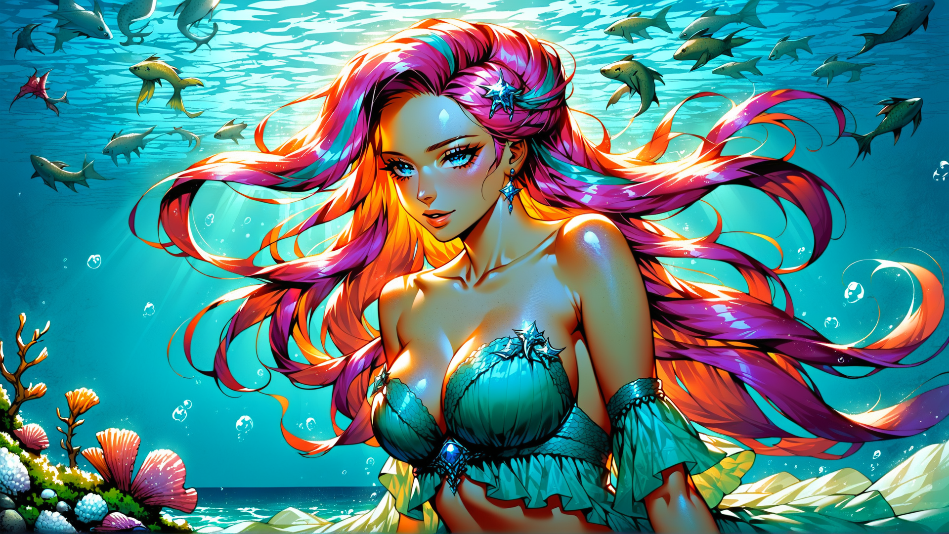 AI generated wallpaper featuring mermaid, fish, coral, seaweed, shells, sunlight, water