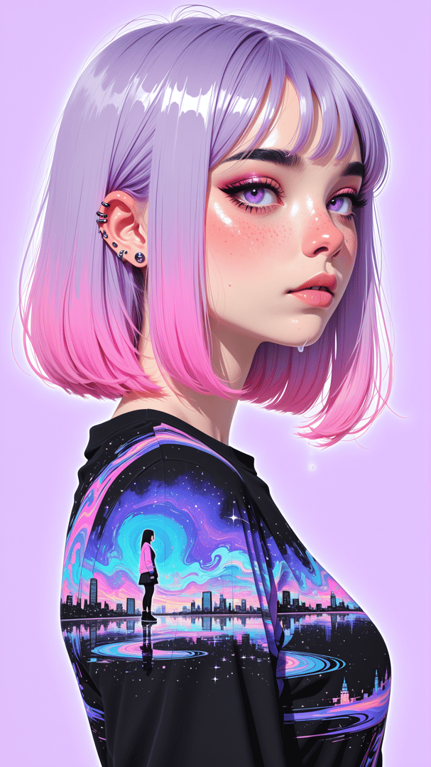 AI generated wallpaper featuring girl, short hair, ear, shirt, cityscape