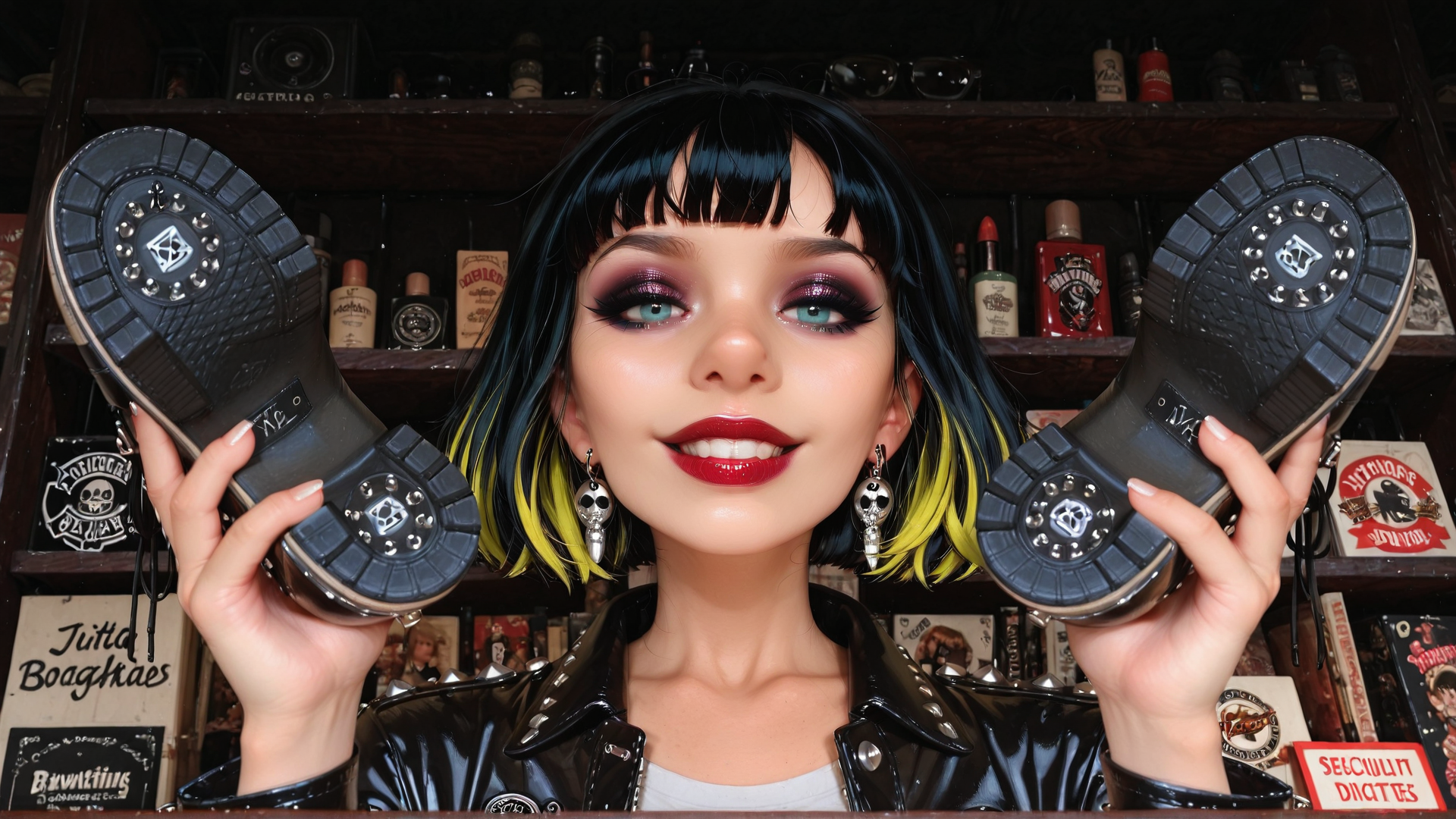 AI generated wallpaper featuring woman, boots, leather jacket, sunglasses, bottles, skull earrings, hair