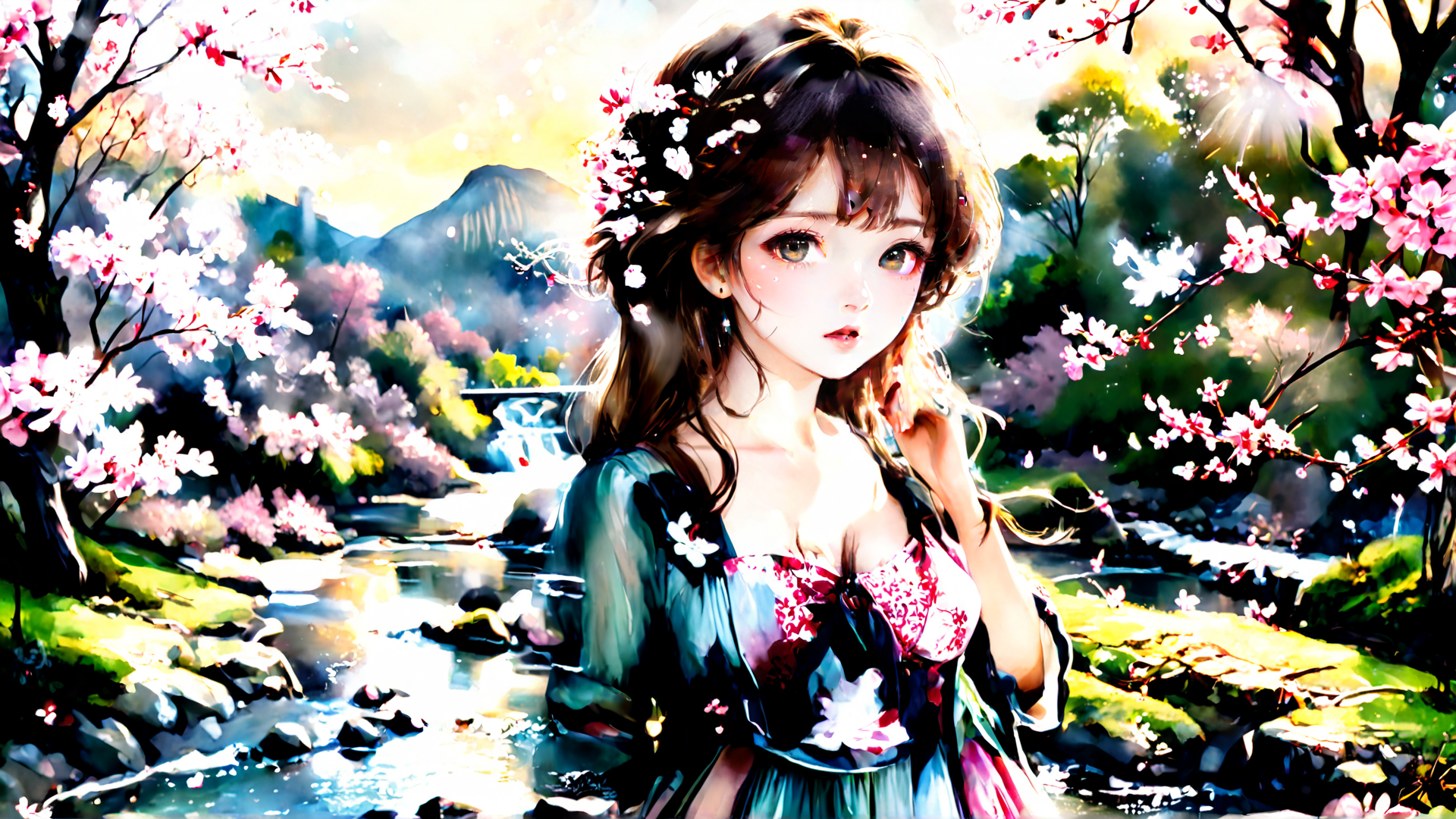 AI generated wallpaper featuring girl, cherry blossom, stream