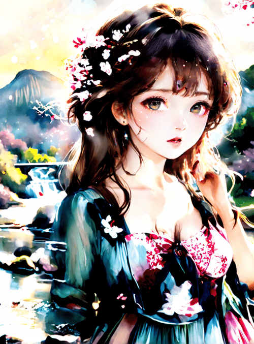 girl, cherry blossom, stream