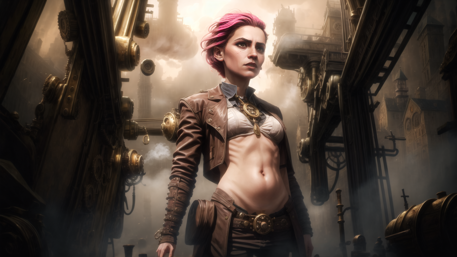 AI generated wallpaper featuring woman, steampunk, cityscape