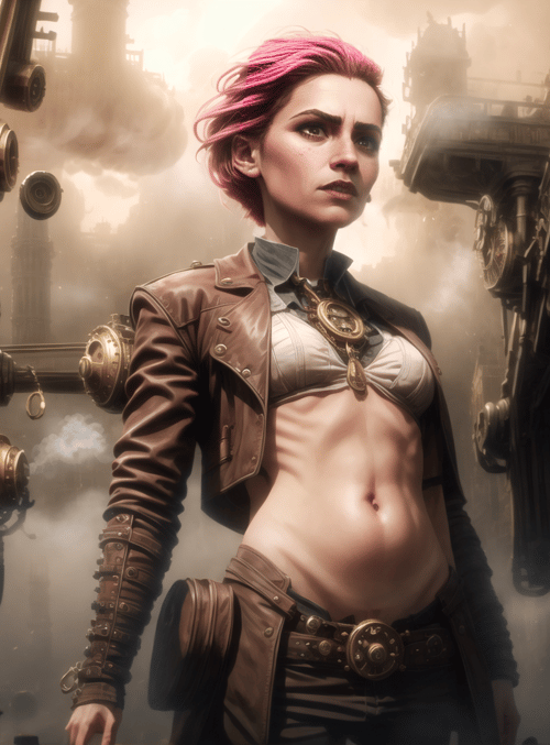 woman, steampunk, cityscape