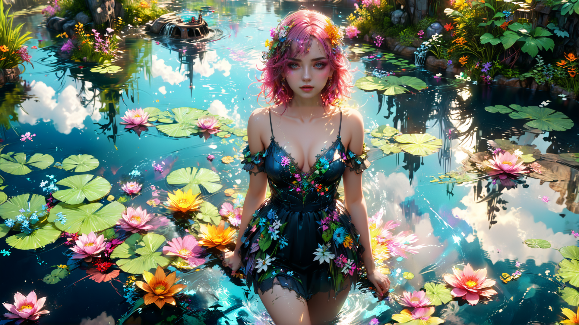 AI generated wallpaper featuring woman, lotus, water