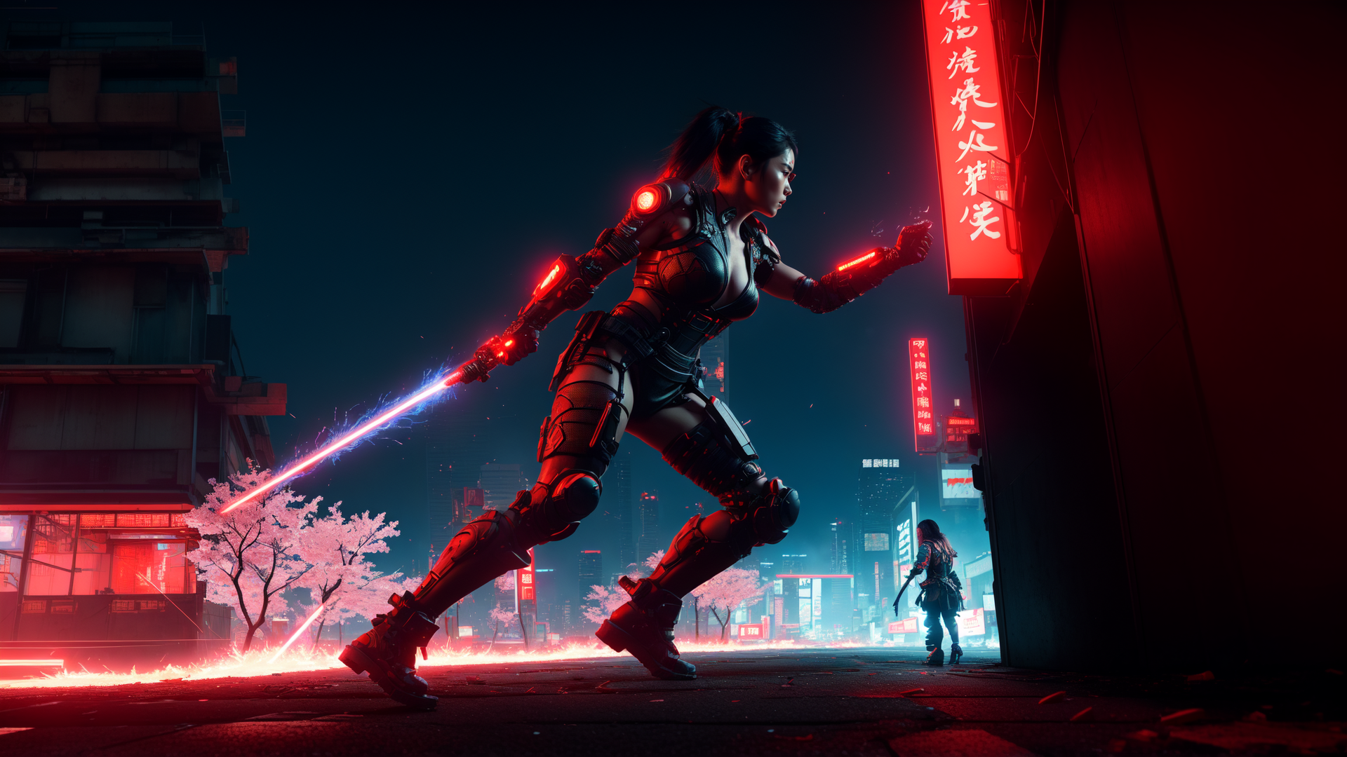 AI generated wallpaper featuring cyborg, woman, swordsman