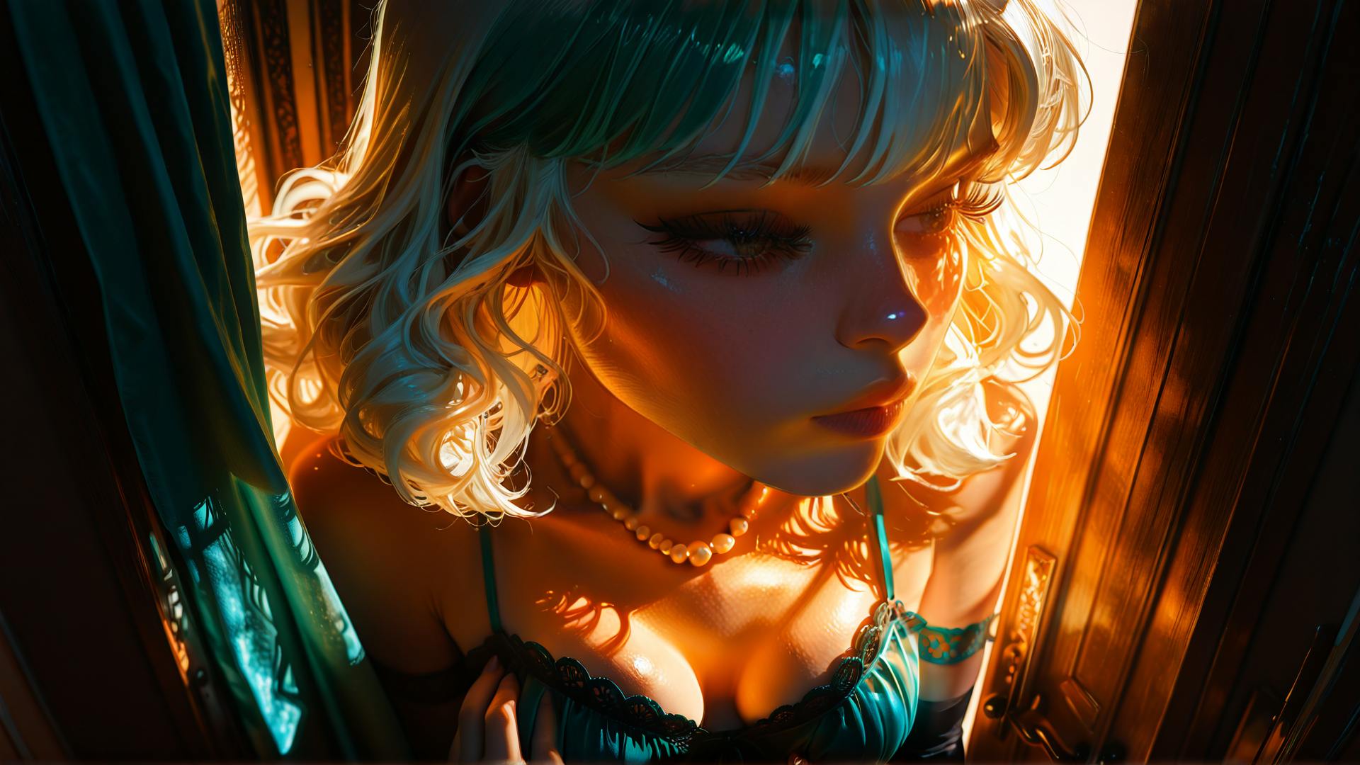 AI generated wallpaper featuring woman, hair, necklace, dress, window