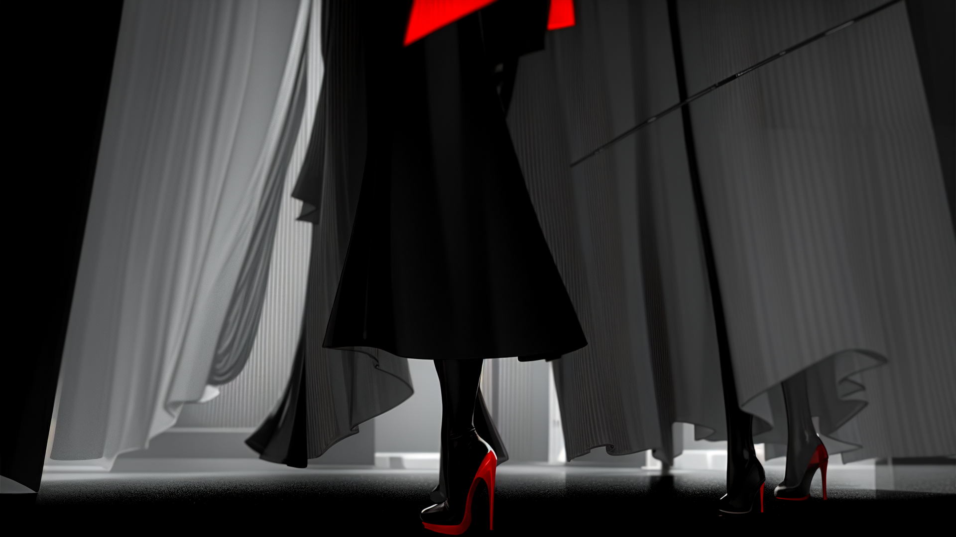 AI generated wallpaper featuring model, high heels, curtains
