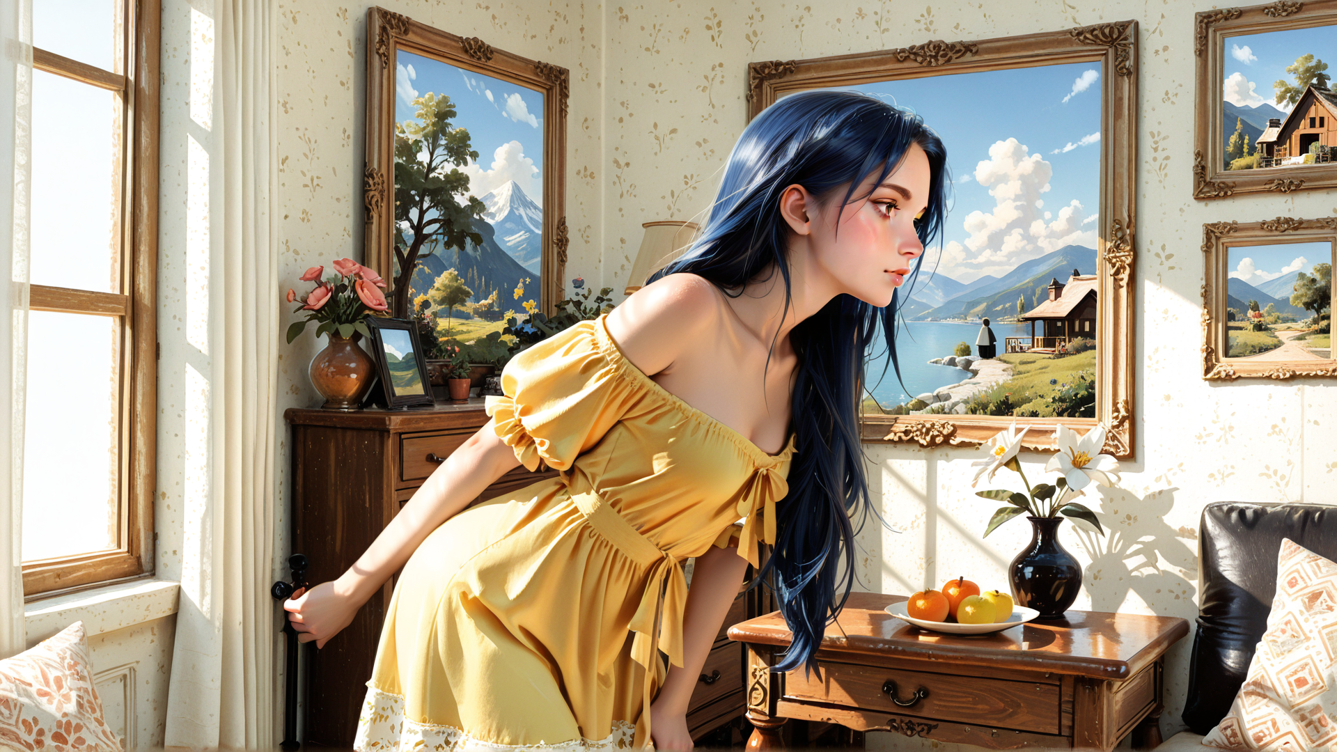 AI generated wallpaper featuring woman, dress, room, paintings, flowers, fruits, window, vase, cabinet, mountains