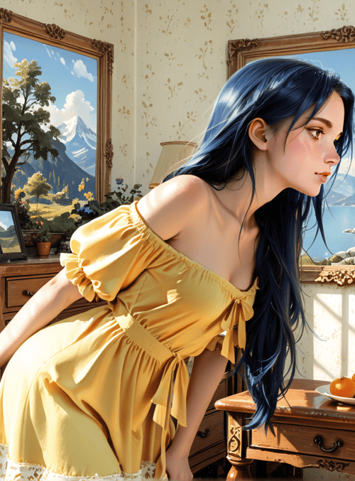 woman, dress, room, paintings, flowers, fruits, window, vase, cabinet, mountains