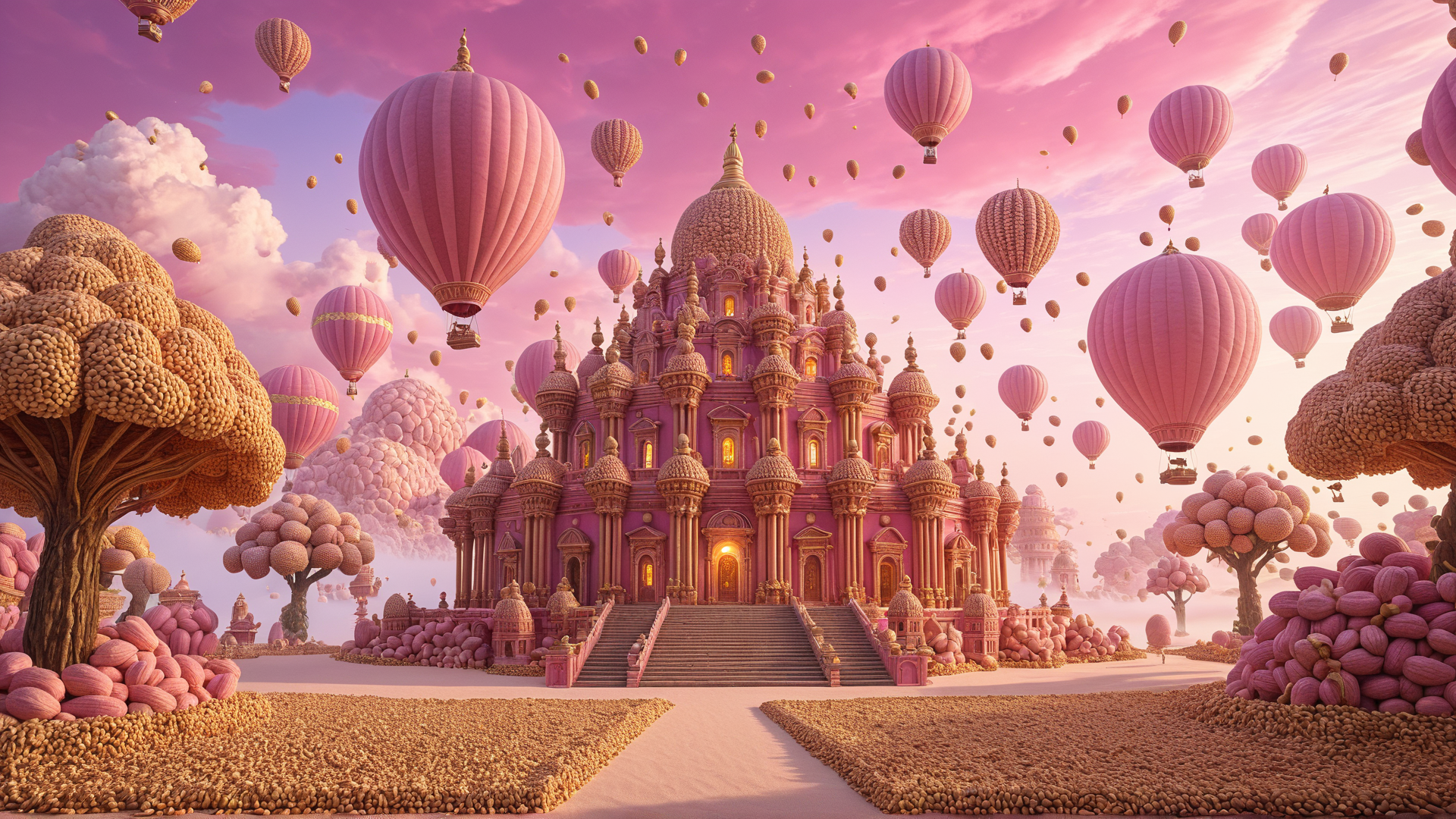 AI generated wallpaper featuring castle, hot air balloons, trees, clouds, sky, pathway, boulders, spheres, dome, staircase