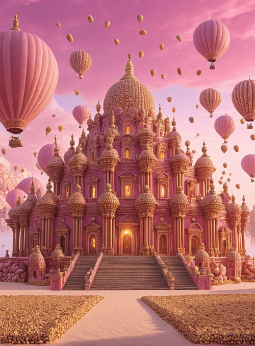 castle, hot air balloons, trees, clouds, sky, pathway, boulders, spheres, dome, staircase