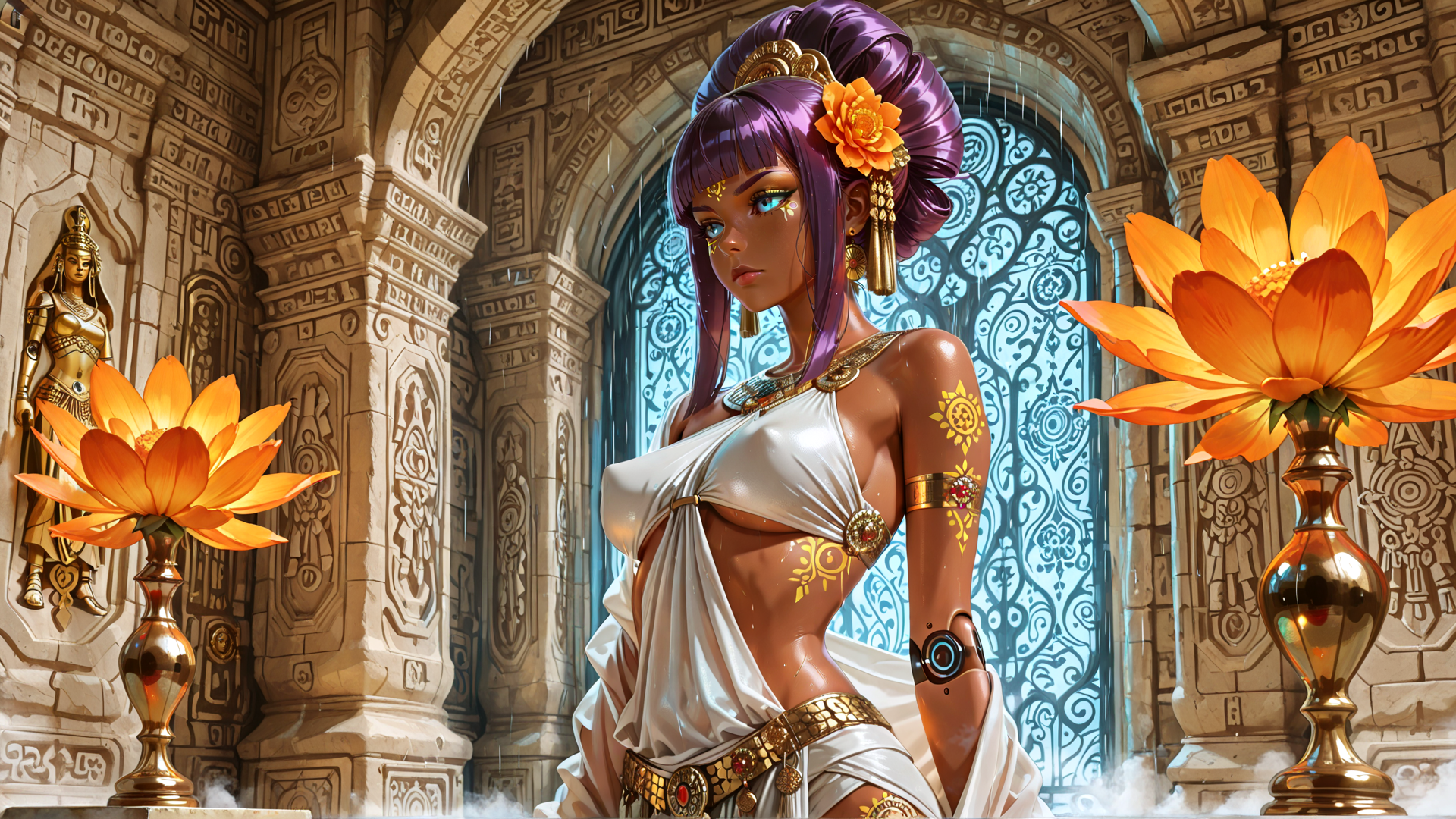 AI generated wallpaper featuring woman, lotus, statue, arch, goddess, headdress