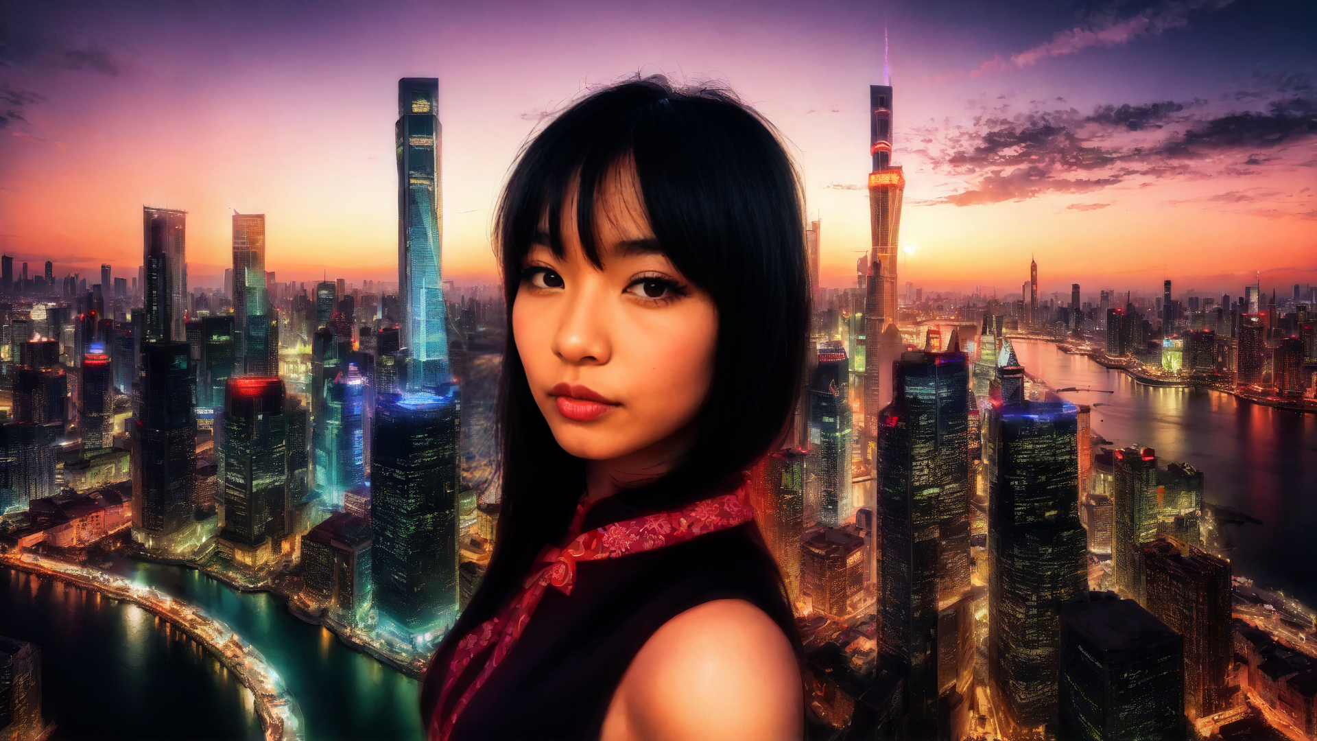 AI generated wallpaper featuring woman, cityscape