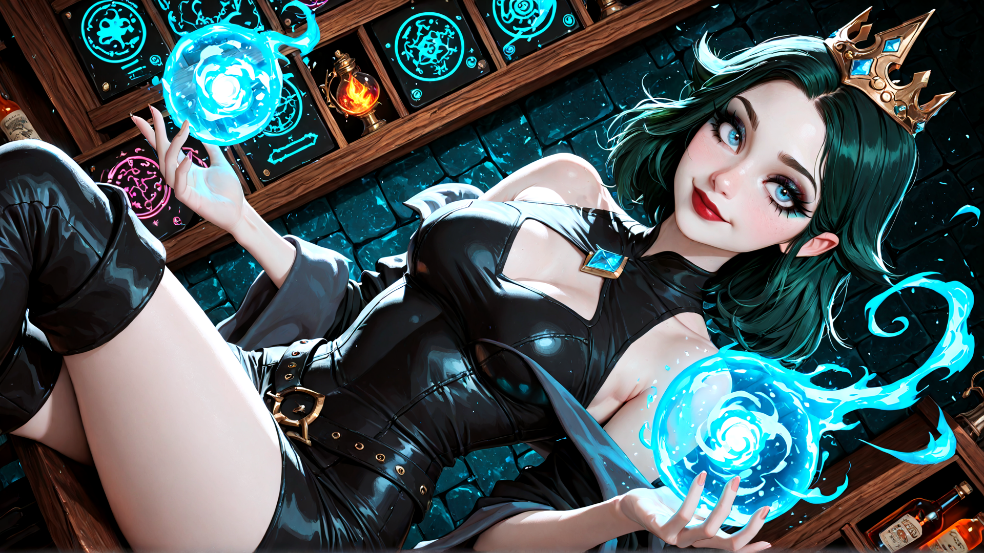 AI generated wallpaper featuring woman, magic orb, crown, bookshelf, laptop, bottle, gloves, belt, shoes, hair