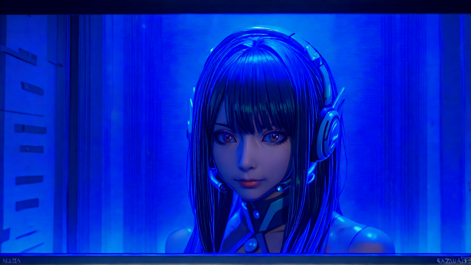 AI generated wallpaper featuring anime girl, cyberpunk, headset