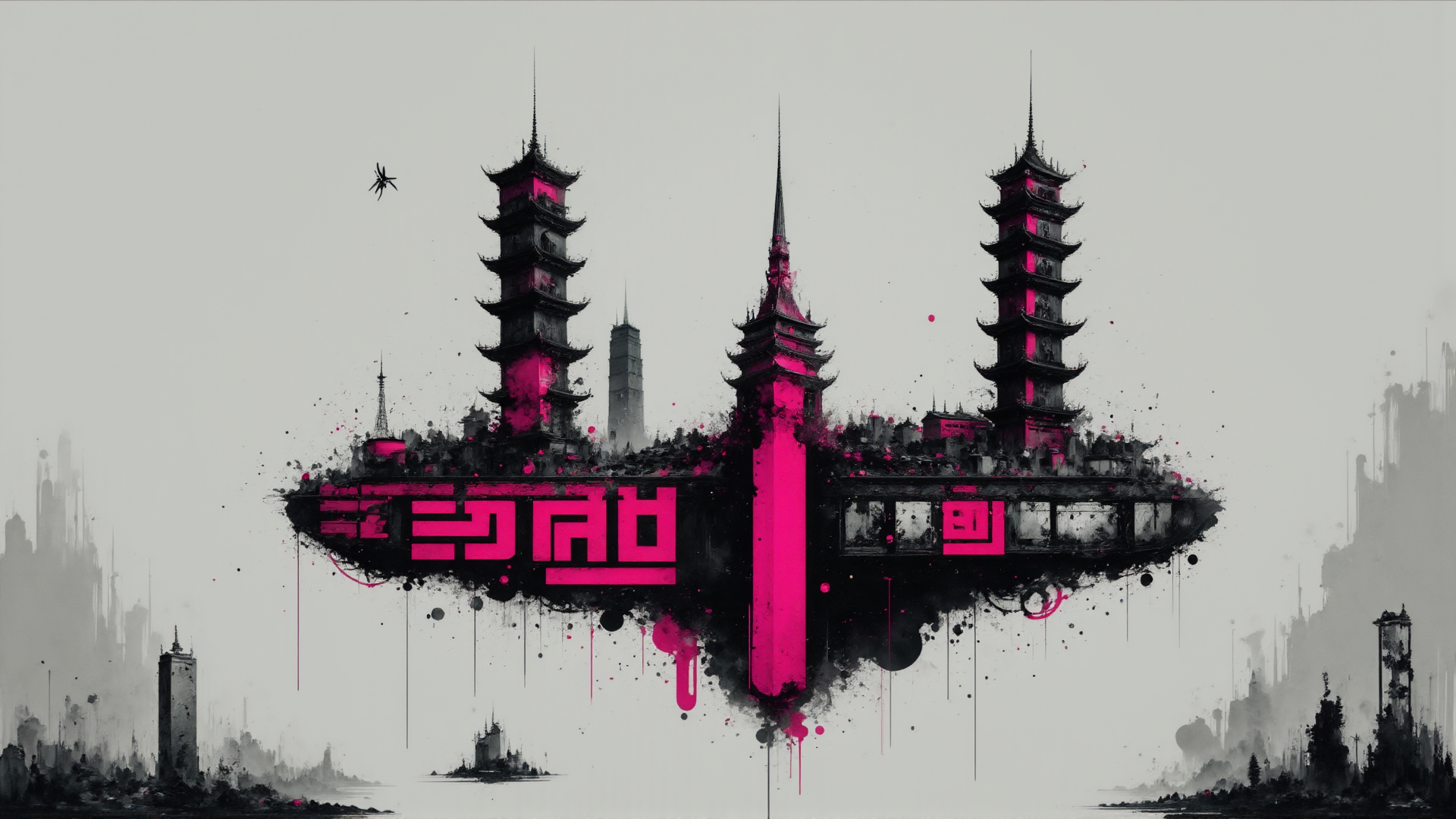 AI generated wallpaper featuring tower, city, sky, ink, building