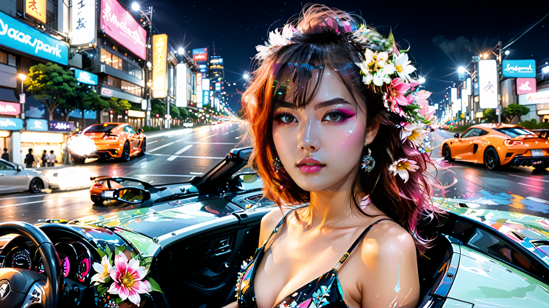 AI generated wallpaper featuring woman, car, city