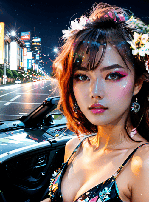 woman, car, city