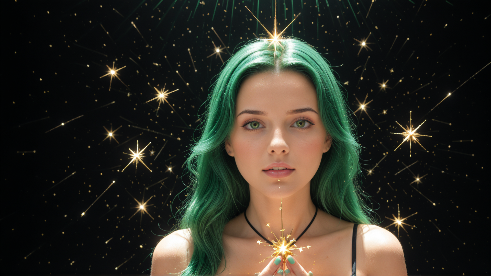 AI generated wallpaper featuring woman, green hair, sparkles, stars
